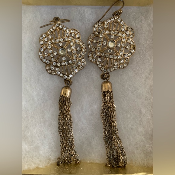 Gold Tone Dangling Jeweled Tassel Drop Earrings - Picture 4 of 10